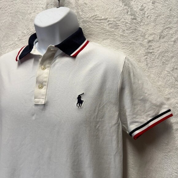 Polo Ralph Lauren Collar Shirt Mens Medium White Red Blue Label Custom Slim Fit - Picture 2 of 11